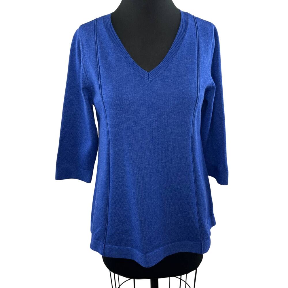 Soft Surroundings Royal Blue 3/4 Sleeve V-Neck Pullover Knit Sweater M Medium